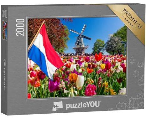 puzzleYOU: Puzzle 2000 Teile „Blühende Bunte Tulpen mit niederländischer Flagge“ – aus der Puzzle-Kollektion Holland