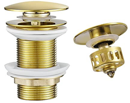 WOMAO Gold Ablaufgarnitur Waschbecken, Pop-Up Ablaufventil mit Siebkörbchen, Abfluss Ablaufventil Abflussgarnitur aus Messing, ohne Überlauf