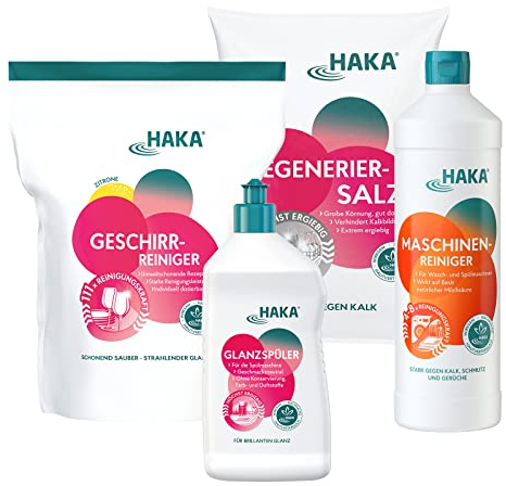 HAKA Spülmaschinen-Set, 4-teilig, Geschirr-Reiniger Pulver 2 kg, Regeneriersalz 2 kg, Glanzspüler 750 ml & Maschinenreiniger 1 l, Komplett-Paket für strahlendes Geschirr & saubere Maschine, vegan