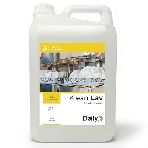 DAILY K Liquide Lave-Vaisselle 5L - Nettoyant Vaisselle KLEAN’LAV en Bidon pour Doseur Automatique - Élimine Graisses, Sans Parfum - Grand Format Économique pour Usage Intensif - Made in France