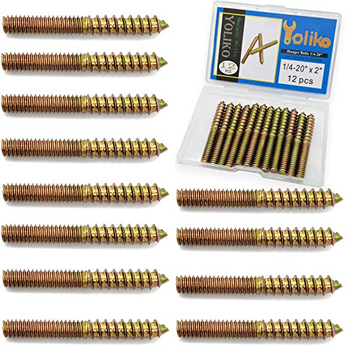 Yoliko 12 Pack 1/4-20 x 2 Inch Hanger Bolts 1/4-20 Double Headed Bolts 1/4 Wood Dowel Screw Self-Tapping Screw Hanger Bolts for Furniture Screws Double Screw Threaded Rods Bolt 50mm Length