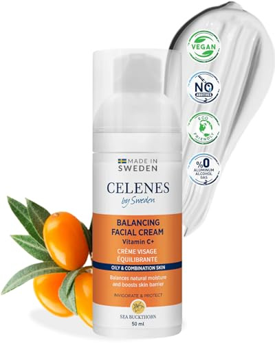 Celenes Creme Hydratante Visage à l'Argousier avec Vitamine C+ 50mL - Creme Visage Femme & Creme Visage Homme Naturelle, Crème Hydratante Visage Sans Alcool/Parabèn - Cremes Visages Peau Grasse&Mixtes