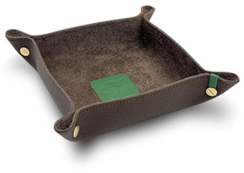 jabuti Edition Schlüsselschale/Taschenleerer 18 x 18cm feines Rindleder Kastanie mit Lamm Nappa Leder Applikationen Grün. Handgefertigt in unserem Atelier