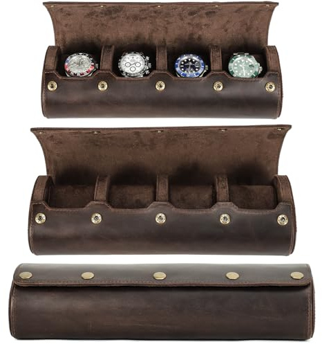 CataPurus Top Grain Genuine Leather 4-Watches Roll Organizer for Man & Woman, Solid Vintage Design for Watches/Bracelets, Fully Handmade, Large Capacity for Traveling & Display, Dark Coffee, 4 Slots