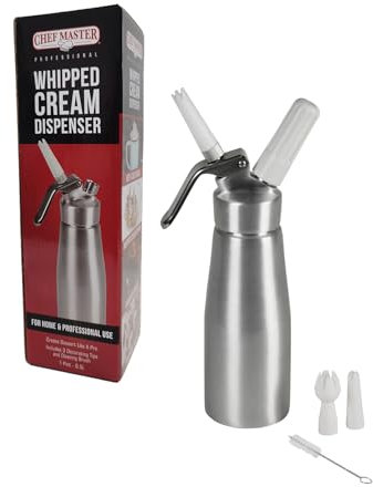 Chef Master 0.5 Liter Aluminum Whipped Cream Dispenser, 1 Pint Aluminum Whip Cream Dispenser w/Cleaning Brush, Decorating Tips for Cake, Coffee, Waffle for Hotel, Restaurant, Cafe, Home Party - 90076