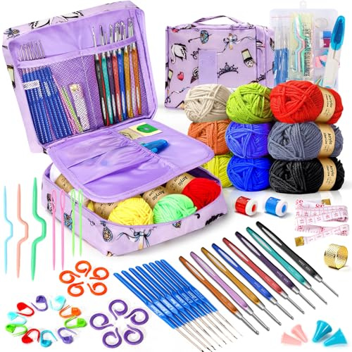 WEEKSUN 63Pcs Crochet Kit, Knitting Bag Yarn Storage Organizer, Knitting & Crochet Supplies, Waterproof Crochet Bag, Beginner Crochet Kit Includes Yarn (Purple)