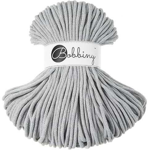 Bobbiny Geflochtene Makramee-Schnur, 5 mm, 100 % recycelte Baumwolle, Hellgrau, 50 m