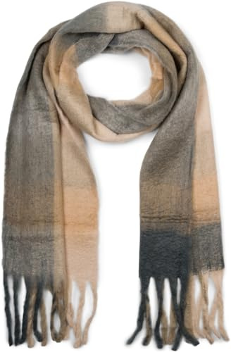 styleBREAKER Écharpe en tricot pour femmes avec motif à carreaux colorés et longues franges épaisses, hiver chaud, étole 01017138, couleur:Gris-beige-marron