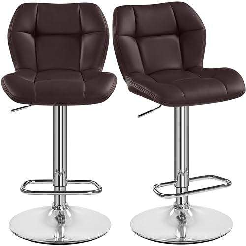 Yaheetech Bar Stools, Set of 2, Height-Adjustable 360° Swivel Bar Stools, Dining Chairs with Backrests and Footrests, Bar Stool PU Faux Leather, Seat Height 62.5 cm 84.5 cm for Kitchen, Brown