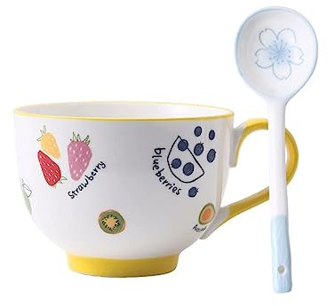 SUREK Portable Runde Tasse aus Keramik für den Morgen mit Löffel, niedliche kreative Kaffeetasse, mikrowellengeeignet, für Büro und Zuhause, große Teetasse, 500 ml wunderschönen