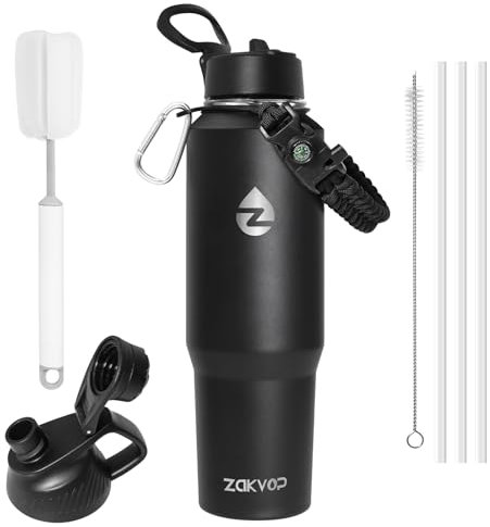 ZAKVOP Thermobecher 1.2L, Trinkbecher mit Strohhalmen und Zwei Deckeln, Thermosflasche mit Paracord-Griff, Trinkflasche Edelstahl Isolierbecher für Becherhalter, Termokaffeebecher to Go Tumbler