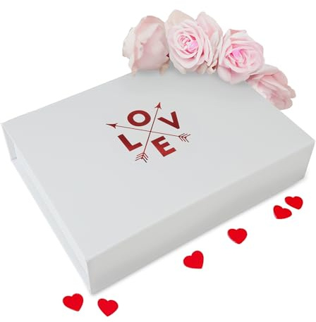 Verpackungswelt Geschenk-Box mit Deckel Love | 23x17x5 cm | Perfekt für Valentinstag & Geburtstag | Geschenk-Karton mit Magnet-Verschluss | Geschenk-Verpackung in Weiß mit Aufschrift in Rot