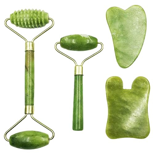 Bibabala 4-PCS Face Roller and Gua Sha Set, Skin Care Roller, Jade Roller Set, Face Stone Facial Roller Massage Tool for Face Eyes Neck Body, Smooth Wrinkles & Eye Puffiness(Green)