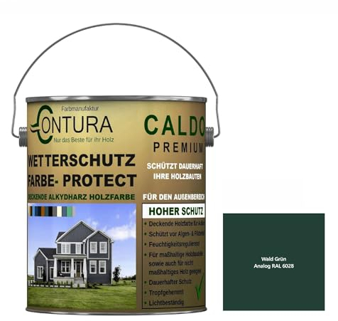 Contura Wetterschutzfarbe 2,5 Liter Holz Dauerschutzfarbe Deckend Buntlack Holzfarbe Holzlasur Seidenmatt (Wald Grün - RAL 6028 Analog)