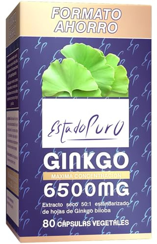 Ginkgo Biloba Estado Puro 6500mg | Extracto Estandarizado y Máxima Concentración | 24% de Flavonoides y 6% de Terpenos | Memoria y Concentración + Circulación | 80 Cápsulas de Tongil (Lote de 1)
