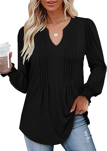 CHICZONE Women's Tops Sexy V Neck Pleated Shirts Blouses Puff Long Sleeve Dressy Casual B Black