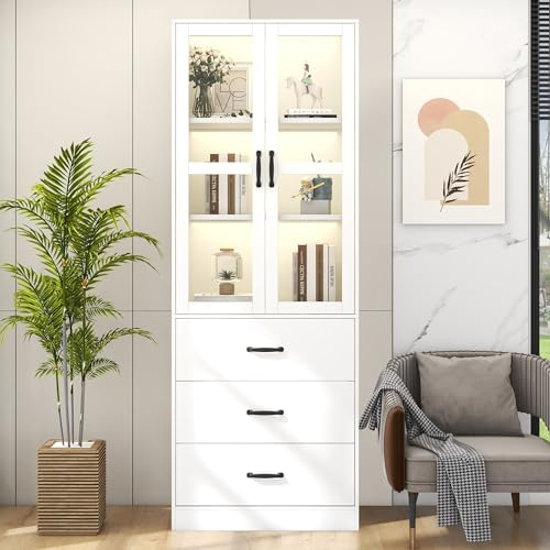 Vitrina blanca, estantería con puertas, armario de cocina grande, armario de despensa, estantería de lujo con luz LED, armario de vitrina con estantes para sala de estar, dormitorio (60 W x 40D x 200