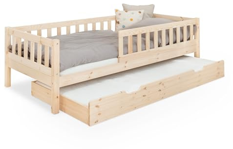 Ehrenkind® Kinderbett Lille | Kinderbett 90x200 cm inkl. abnehmbaren Rausfallschutz und Bettkasten aus Massivholz FSC® zertifziert | Jugendbett 90x200 Natur