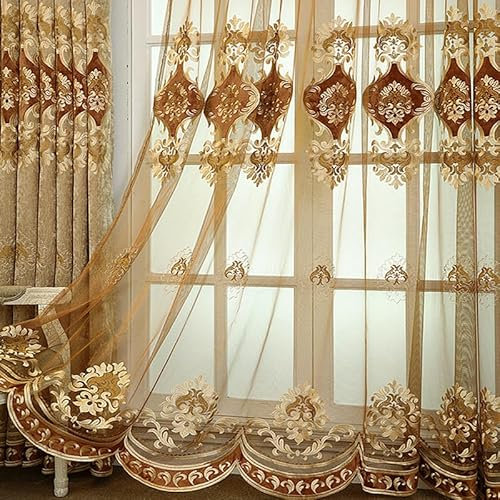 KEKUYA Sheer Voile Vorhang -Gardinen Wohnzimmer Modern mit Ösen Transparente für Schlafzimmer Kinderzimmer Sonnenlichtfilterung 2er Set 132 x 240 cm(BxH) Braune Stickerei