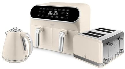 Swan Retro Kitchen Set, 1.5L Jug Kettle, 4 Slice Toaster & 8L Dual Basket Air Fryer, Cream, SD10519C + SK19020CN + ST19020CN