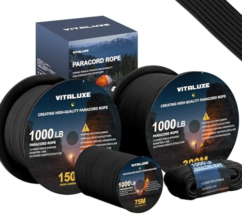 VITALUXE Paracord 1000lb(453kg), 12 Kern-Stränge, 4mm Fallschirmschnur, Tactical Parachute Cord (30/75/150/300m) Survival Gear für Camping, Outdoor, Wandern, Type III, 300m, Schwarz