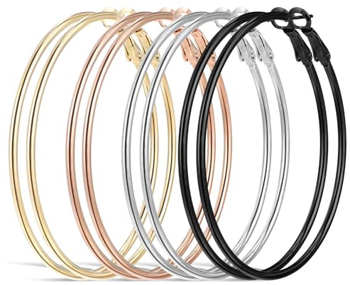 Tyqour Lot de 4 paires de grandes boucles d'oreilles créoles en acier inoxydable - Longueur: 70 mm - Argent - Cercle doré - Hypoallergéniques - Pour filles et femmes