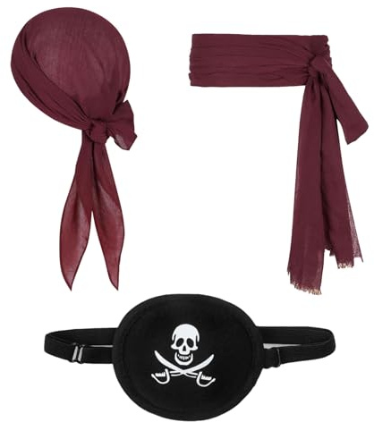 FUIPVGI 3 Stück Piratenkostüm,Piraten-Bandana und Schärpengürtel Augenklappe, Renaissance-Bandana in Weinrot,Piraten-Kostüm-Zubehör für Damen und Herren, Piratenparty Halloween(3 Stück)