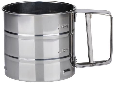 Flour Sifter Stainless Steel with Handle Flour Sieve Shaker Cup Hand Held Hand Crank Press Trigger Large for Icing Sugar Cocoa Cake Flour Home Kitchen Baking (Silver)
