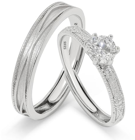 Meissa Anillos Promesa Alianzas de Plata Pareja Solitario Plata de ley 925 Mujer Ajustable Anillo de Compromiso Boda para Pareja Novios Regalo de San Valentín Aniversario (Juego de dos anillos)