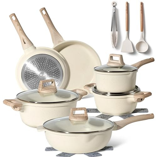 Just Perfecto Set of 15 Pots and Pans, Non-Stick Cookware Set, White Granite Induction Cookware Non-Stick Set with Frying Pans and Saucepans (PFOS, PFOA Free) (Beige)