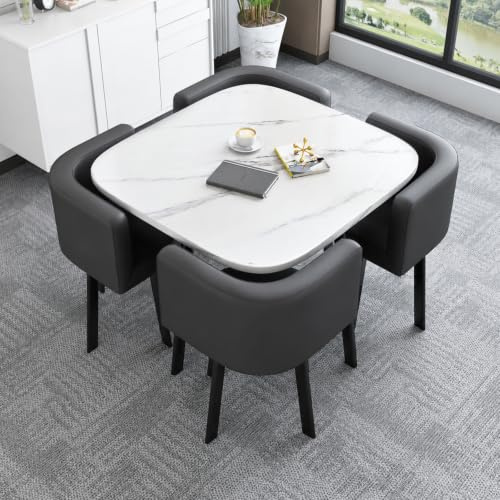 5 Piece Modern Dining Table Set - Kitchen Table Set for 4 Dining Table and Chairs Set with 4 Faux Leather Chairs, Dining Room Table Set for Small Space Apartment (White)