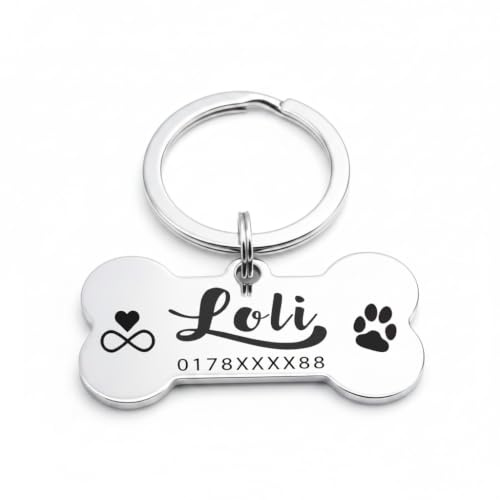 Hundemarke Knochen mit personalisierter Gravur | Rostfreier Edelstahl beidseitig mit Name & Telefonnummer | 30 mm Hunde-Anhänger, Namensschild | Silber