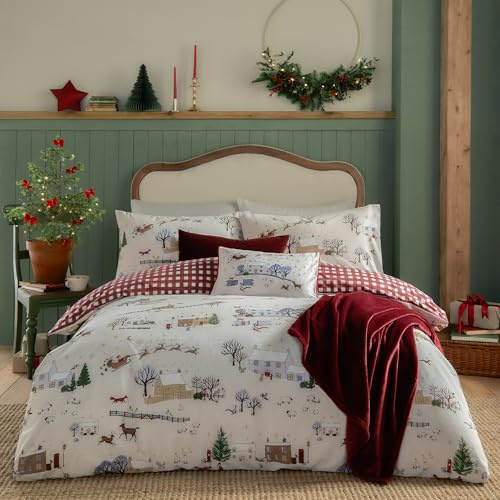 furn. Cotswolds Christmas Bettbezug-Set (Creme - Super King) | Wendbare Festliche Winterszene Im Gingham-Design Easycare Polycotton Bettwäsche