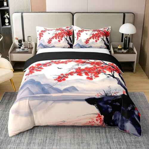 Homewish 100% Cotton Japanese Cherry Blossom Duvet Cover, Red Flowers Bed Linen Set, 135 x 200 cm for Women, Girls, Teenagers, Vintage Flower Bed Set, Spring Mountain Botanical Duvet Cover with 1