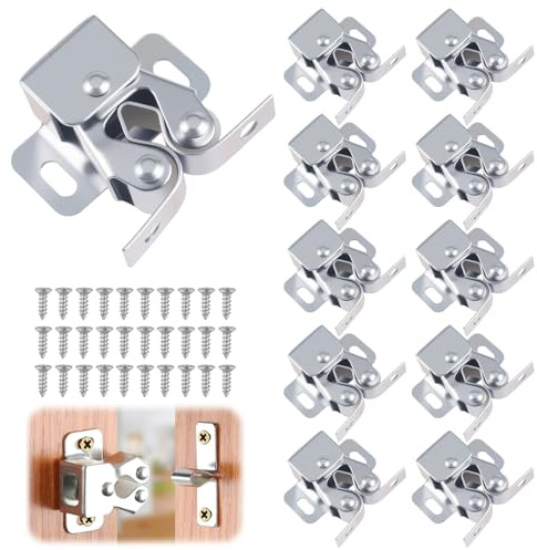 10 Piezas Doble Rodillo Gabinete Pestillo Puerta, Cierres de Puerta de Armario de Doble Rodillo, Cierre Puerta Armario con 40 Tornillos, para Cocina Casa y Muebles Baño Cerradura de Captura (Plata)