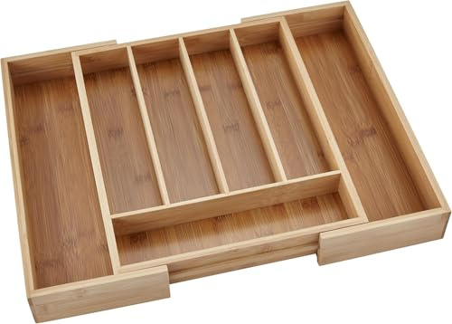 Envenzo Extendable Bamboo Wood Cutlery Drawer Organiser Wooden For Silverware Knives Spoons Forks 7 Compartment Organizer for Kichen and Storage 34 x 28 x 5 CM - 34 x 45 x 5 CM