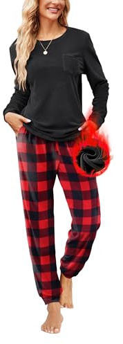 Ekouaer Schlafanzug Damen Lang Velour Pyjama Set Nachtwäsche Hausanzug | mit seitlichen Eingrifftaschen, Ärmelbund und am Hosenbein, fleece Velourstoff, hohe Wärmeisolation