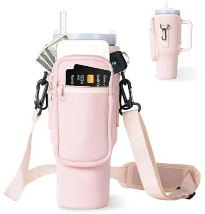 LCKKJHG Vattenflaskväska, 1 st flaskfodral, vattenflaska, bärarväska med telefonficka för tumlare med handtag vatten flaskhållare (rosa)
