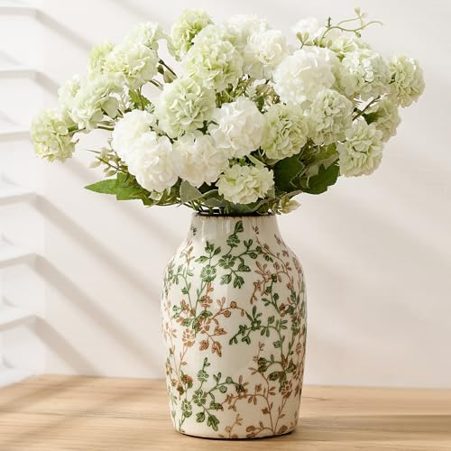 Grüne und beige antike Vase, 17,9 cm, Chinoiserie-Blumenmuster, rustikale Keramikvase für Heimdekoration, Wohnzimmer, Bücherregal, Büro, Eingangsbereich, Grand Millennial Dekor, Chinoiserie Dekor