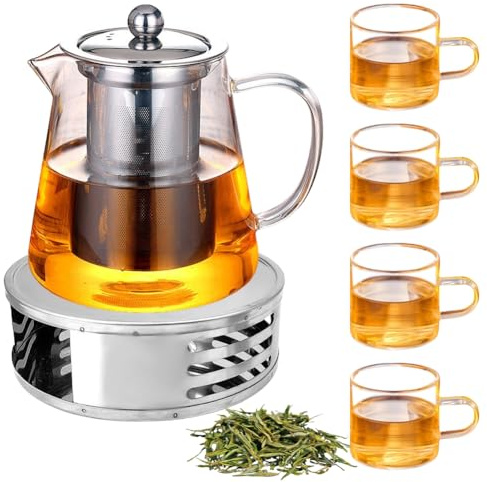 Umllpet Glas Teekanne und Stövchen mit 4 Gläser Set, 1300ml Glasteekanne mit Siebeinsatz und Teewärmer Edelstahl, Teekanne aus Glas mit abnehmbarem Teesieb, Teebereiter mit Sieb und Teelichtofen