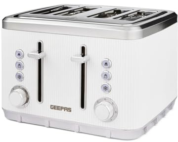 GEEPAS Arcus 4 Slice Toaster | 7 Browning Levels Eject Defrost Reheat Function | For Thin Small Bread Slice Removable Crumb Tray High Lift Lever | Space-Saving Design | 2 Yr Warranty 1860W White