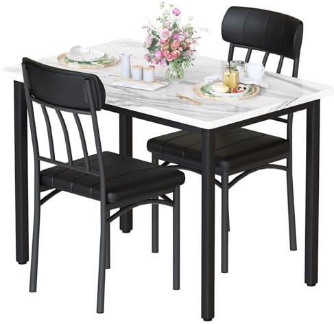 HOOSENG 3 Piece Dining Table Set, Faux Marble Dining Table and Chairs Set of 2,Small Dining Table and 2 Chairs with Metal Legs for Kitchen/Apartment/Small Space,White