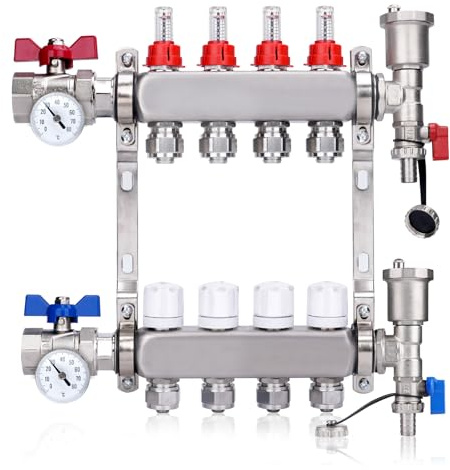 Heizkreisverteiler mit Eurokonus 3/4 (20x2mm) + 1 Kugelhähne +Thermometer | 4 Heizkreise Fußbodenheizung mit Manueller Entlüfter, Flussmesser Durchflussmesser, 30 x 1,5 mm, HKV Verteil