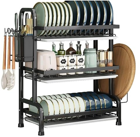 ATEK 3 Tier Dish Drainer Rack with Drainboard, Kitchen Drying Organiser | Over Sink Countertop Cutlery Holder, Cutting Board Holder, Space-Saving, Easy Assemble