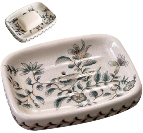 Ceramic Soap Dish - 7.5x7.1 Inch Bird & Flower Pattern Soap Holder with Drainage Holes & Anti-Skid Pads for Bathroom
