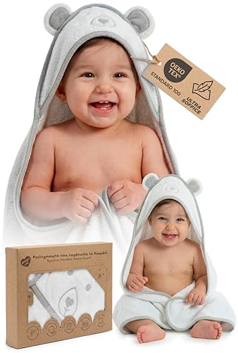 Lulu Cares Asciugamano Neonato Bambù con Cappuccio 89x89 cm 0-3 Anni Accappatoio Morbido Super Assorbente per Pelle Sensibile Telo Bagno Bambino Regalo Nascita per Neogenitori con Animaletti (Bianco)