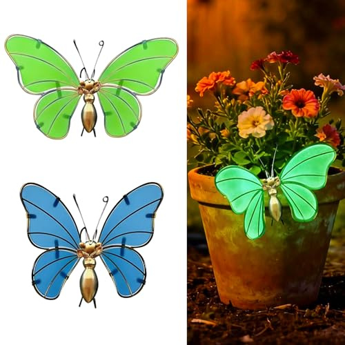 Solar Schmetterlinge Garten Deko Metall Schmetterling Lichterkette LED Solarlampen Gartendeko Metall Blumen Garten Dekor Aussen Wetterfest für Draußen Yard Rasen Hof Outdoor Dekoration (B+D)