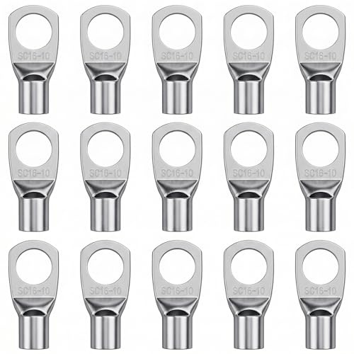 SC16-10 Connectors With Ring Terminals, 10mm Ring Terminal With Heavy Duty Battery Cable Lugs, Copper Lugs, Car Battery Terminals, Secure Crimp Connection For Automotive And Marine, 15-Pack
