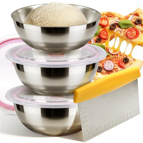 ChaviChax Pizza Dough Proofing Container Set of 3, 1300ML Stainless Steel Proofing Box with Clear Airtight Lid, Stackable Fermentation Storage for Dough Balls & Bread, Includes Cutter