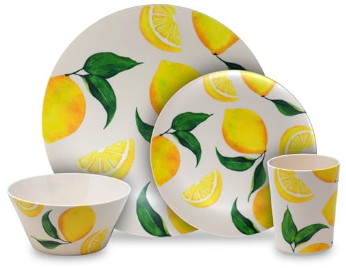 Reusable Plastic Dining Picnic Set - 16pcs Plates Bowls Cups - Lemon